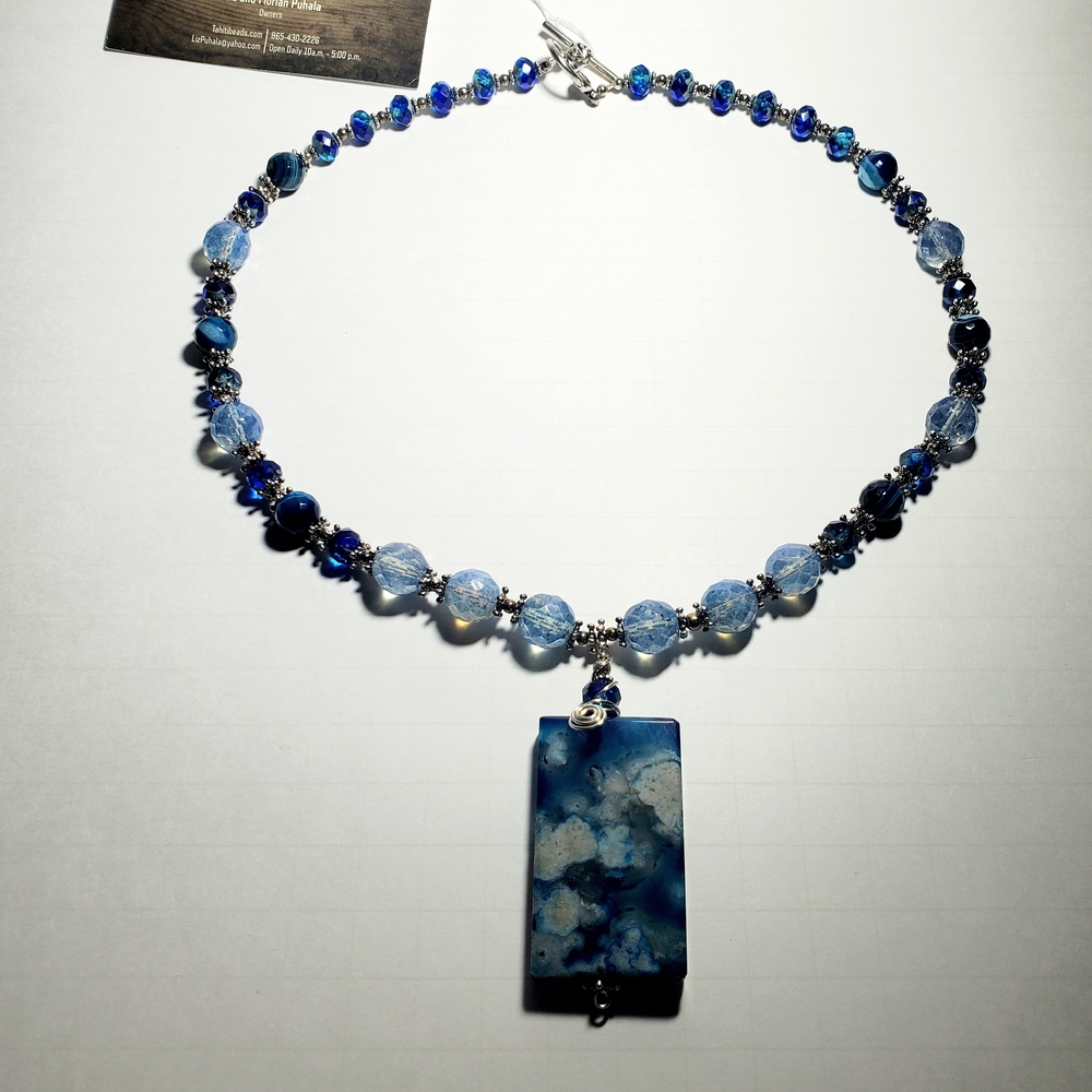Flower Agate Pendant Necklace with Blue Czech Glass & Blue Banded Agate Beads - Picture 13 of 13